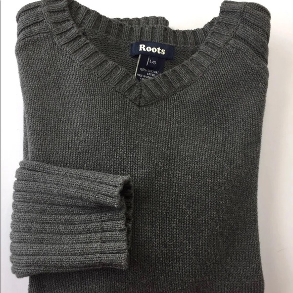 Roots Men V Neck Chunky Sweater Large Grey Cotton - Picture 6 of 13